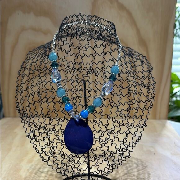 Blue & Silver Beads on a Silver Chain with Navy/Purple Colored Shell Medallion. - Picture 1 of 5